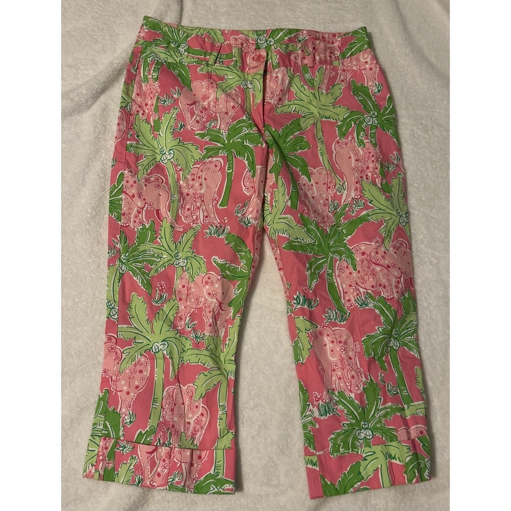 Lilly Pulitzer Pink Green Floral Capri Pants Womens 2  Spring Elephant